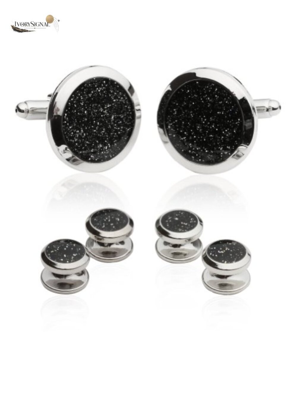 Men's Black Diamond Dust Tuxedo Cufflinks & Studs Set in Gift Box